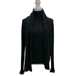 Worthington Black Ribbed Cashmere Sweater With Scarf Set XL Ruffle Detail Office
